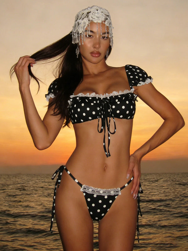 Jace polka dot puff sleeve bikini set women swimwear lace trim