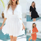 White Hand-Crochet Deep-V Cover-Up Dress — Jace Swimwear