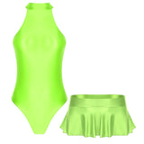 Jace glossy high-cut leotard and ruffled skirt swimsuit set
