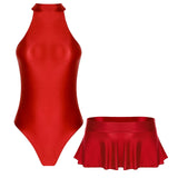 Jace glossy high-cut leotard and ruffled skirt swimsuit set