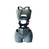 Jace denim crop top and cut-out shorts two-piece set women summer