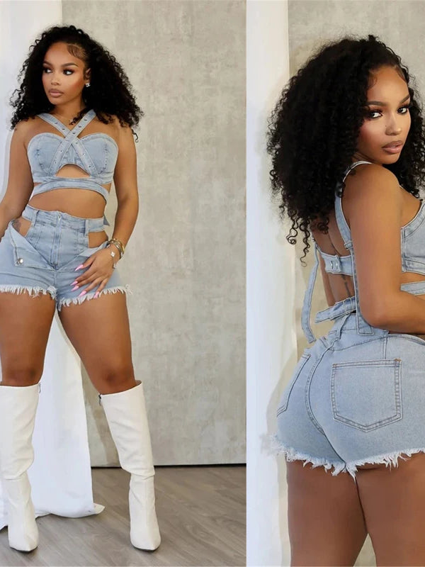 Jace denim crop top and cut-out shorts two-piece set women summer