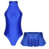 Jace glossy high-cut leotard and ruffled skirt swimsuit set