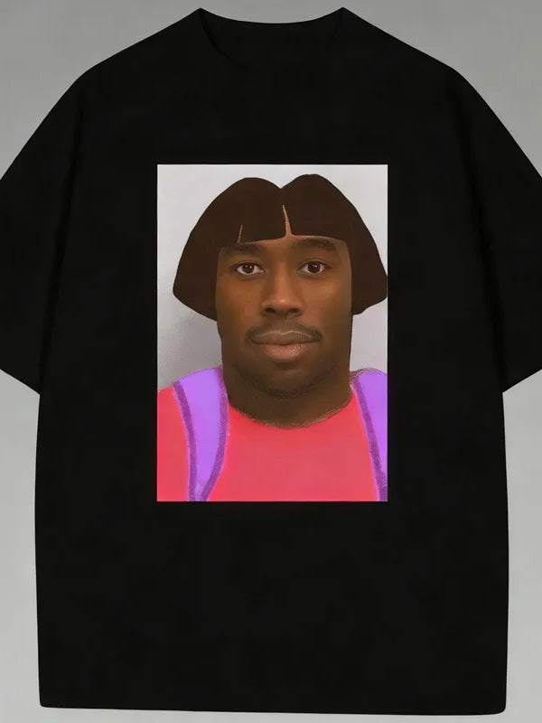 Men's T-shirt with Fun Character Avatar Print, Pure Cotton, Black Street Style, Couple's Daily Hip-hop and Harajuku Style
