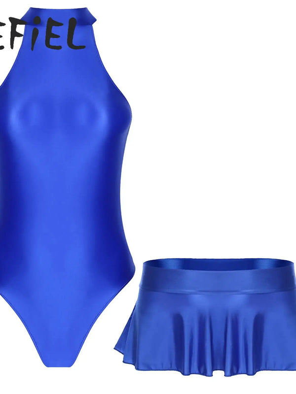 Jace glossy high-cut leotard and ruffled skirt swimsuit set