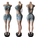 Jace denim crop top and cut-out shorts two-piece set women summer