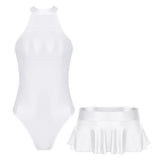 Jace glossy high-cut leotard and ruffled skirt swimsuit set