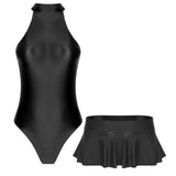 Jace glossy high-cut leotard and ruffled skirt swimsuit set